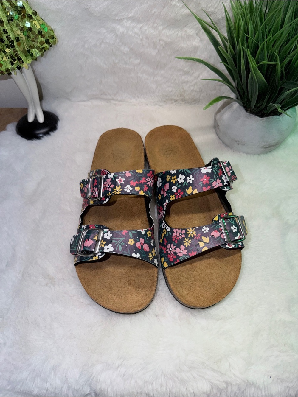 Floral Double-Buckle Slide Sandals - Black Floral